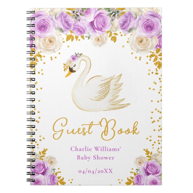 Swan Purple Gold Roses Baby Shower Guest Book (Front)