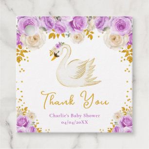 Swan Purple Gold Roses Baby Shower Thank You Favour Tags