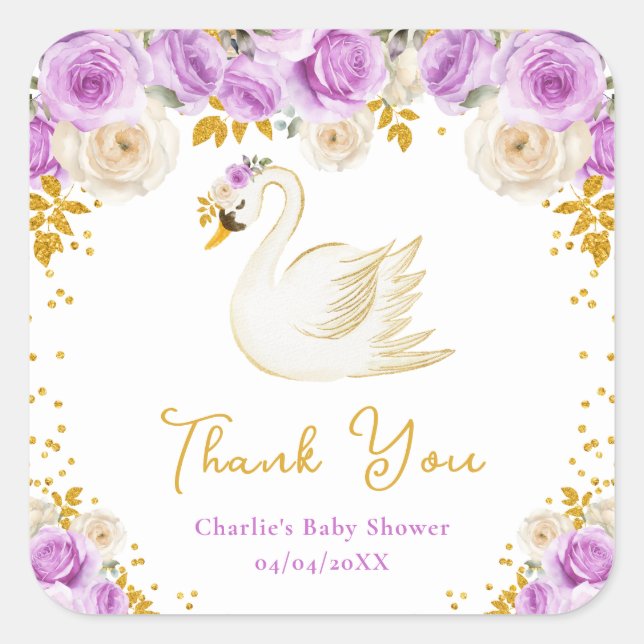 Swan Purple Gold Roses Baby Shower Thank You Square Sticker (Front)