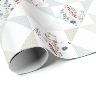Swan Quilt Blocks Floral BabyBlue Sage Green Patch Wrapping Paper