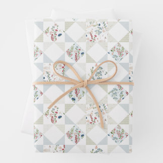 Swan Quilt Blocks Floral BabyBlue Sage Green Patch Wrapping Paper Sheet
