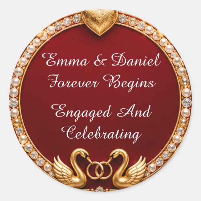 💍 Swan Red Gold Wedding Theme 🌹 Classic Round Sticker (Front)