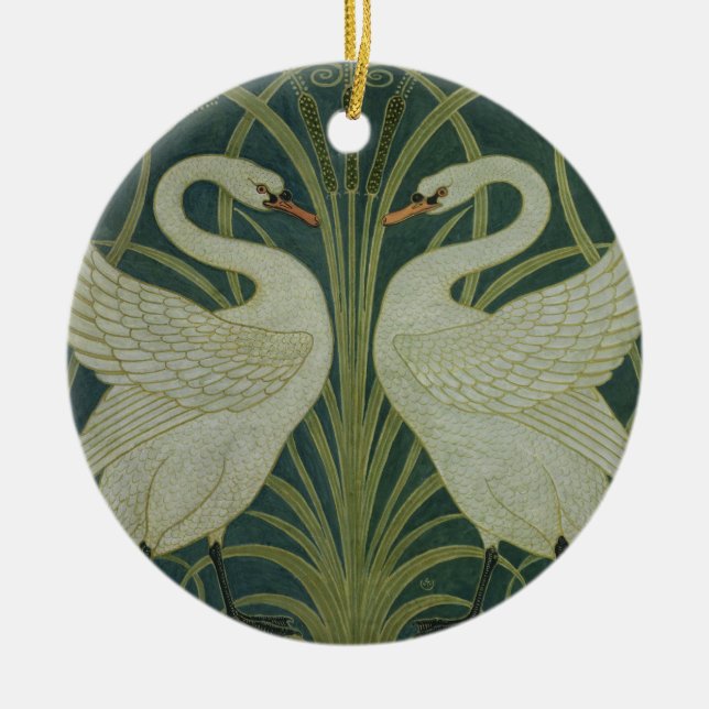 'Swan, Rush and Iris' wallpaper design Ceramic Tree Decoration (Front)
