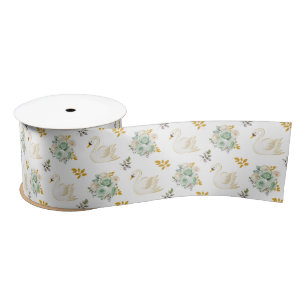 Swan Sage Green and Gold Floral Roses Satin Ribbon
