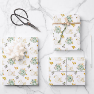 Swan Sage Green and Gold Floral Roses Wrapping Paper Sheet