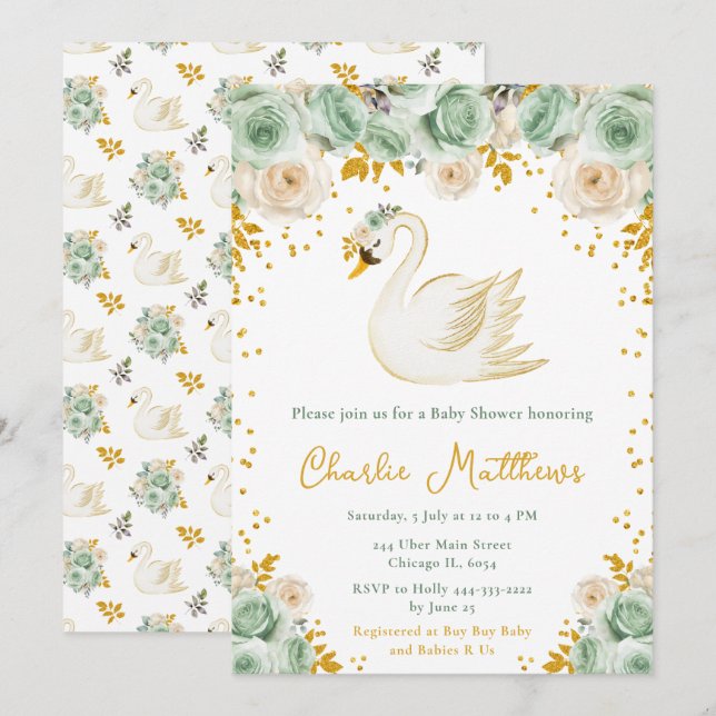 Swan Sage Green and Gold Roses Baby Shower Invitation (Front/Back)