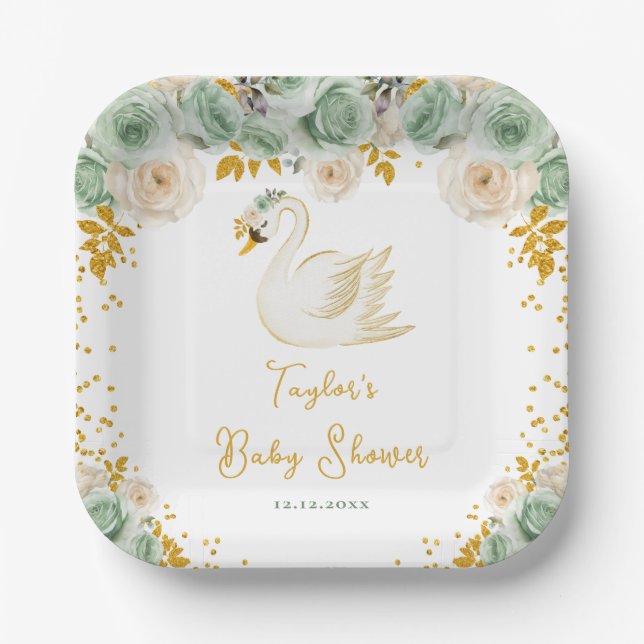 Swan Sage Green and Gold Roses Baby Shower Paper Plate (Front)