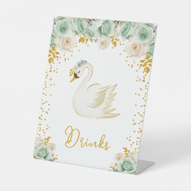 Swan Sage Green and Gold Roses Baby Shower Pedestal Sign (Front)