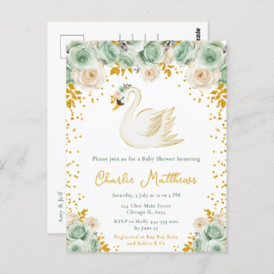 Swan Sage Green and Gold Roses Baby Shower Postcard