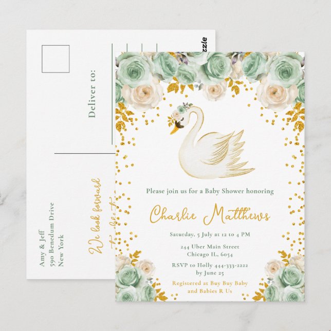 Swan Sage Green and Gold Roses Baby Shower Postcard (Front/Back)