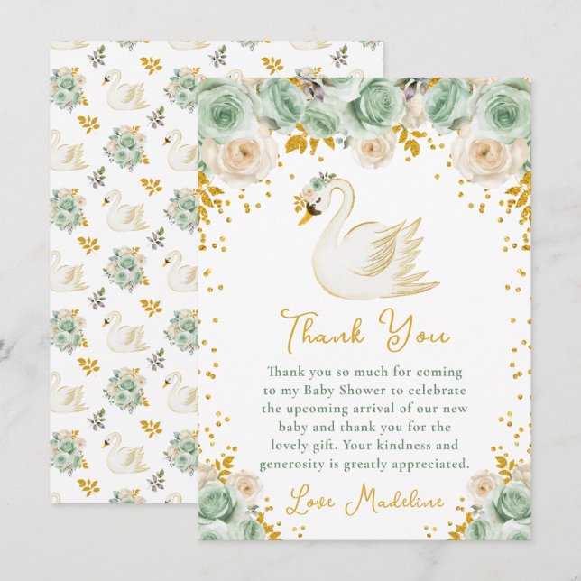 Swan Sage Green and Gold Roses Baby Shower Thank You Card (Front/Back)