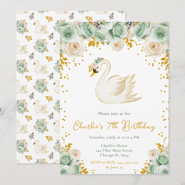 Swan Sage Green and Gold Roses Birthday Party Invitation (Front/Back)