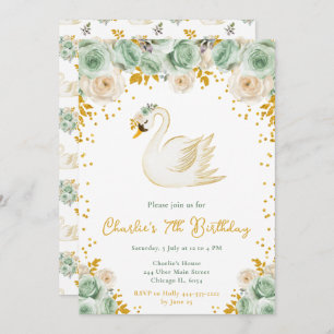 Swan Sage Green and Gold Roses Birthday Party Invitation
