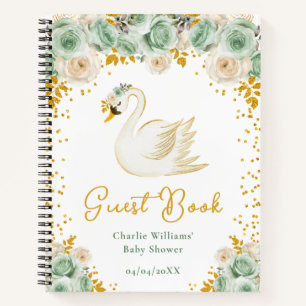 Swan Sage Green Gold Roses Baby Shower Guest Book