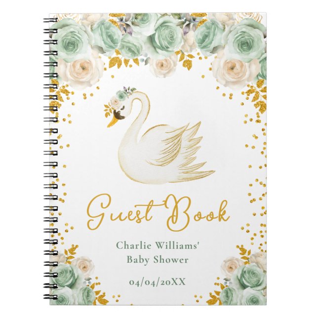Swan Sage Green Gold Roses Baby Shower Guest Book (Front)