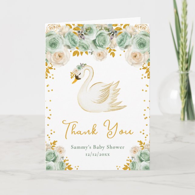 Swan Sage Green Gold Roses Baby Shower Thank You (Front)