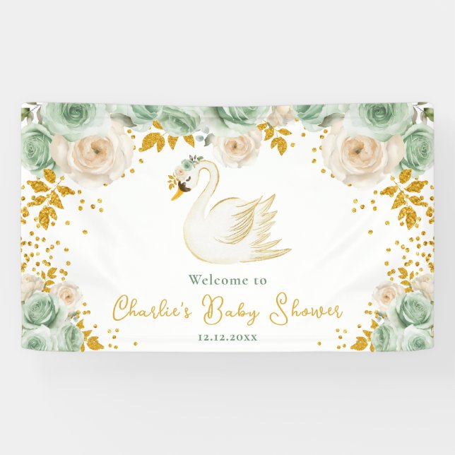 Swan Sage Green Gold Roses Baby Shower Welcome Banner (Horizontal)