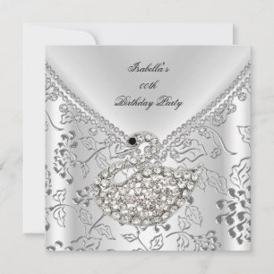 Swan Silver Damask White Elegant Birthday Invitation