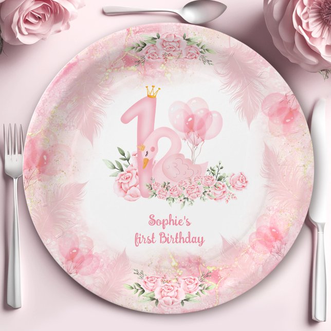 Swan Soft Floral Rose Pink White Girl 1st Birthday Paper Plate (Swan Soft Floral Rose Pink White Girl 1st Birthday Paper Plates)