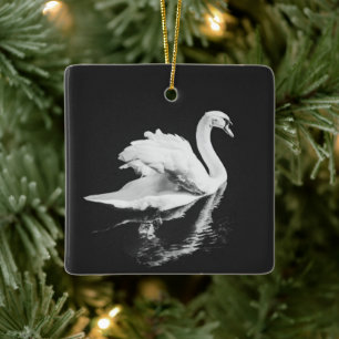 Swan Swimming Black and White Ceramic Ornament