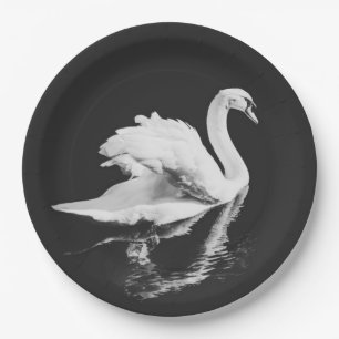 Swan Swimming Black and White Paper Plate