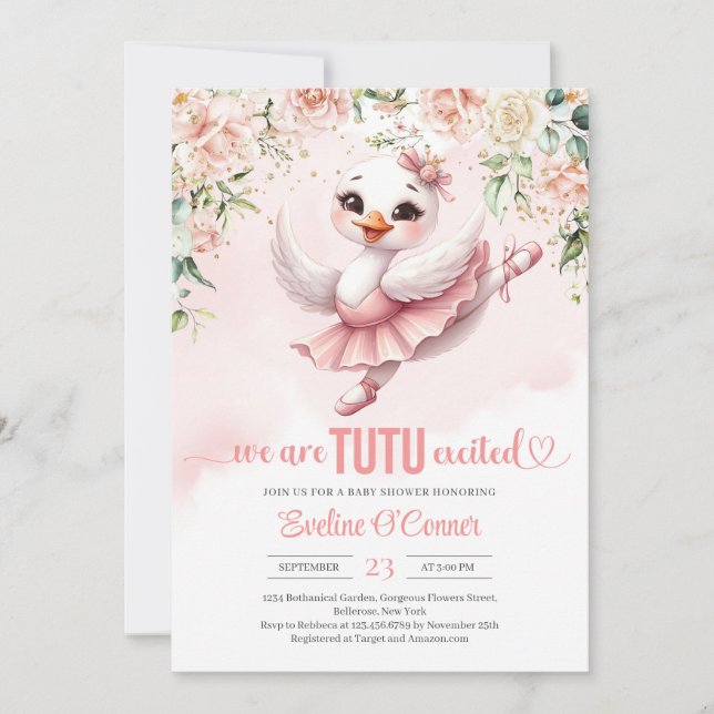 Swan tutu ballerina dress Rose gold floral Invitation (Front)