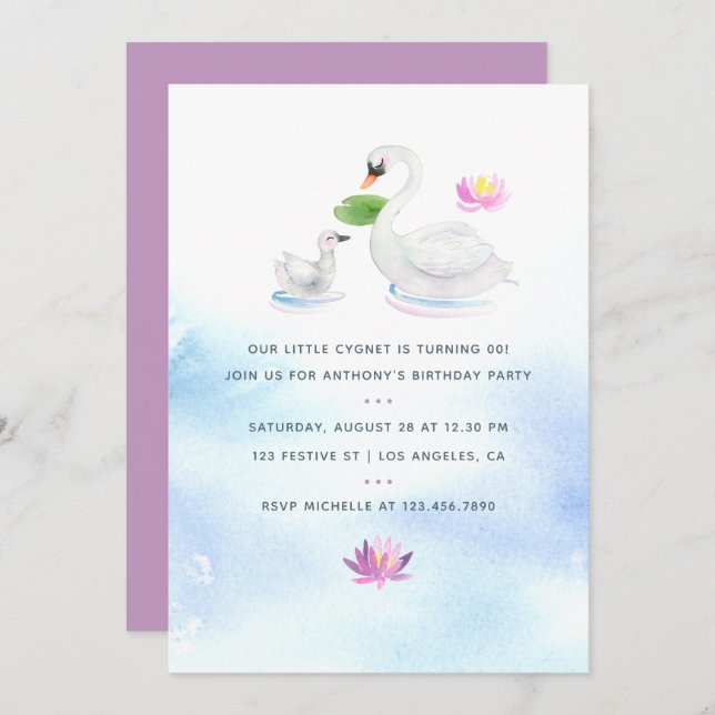 Swan watercolor children's Birthday Party invite (Front/Back)