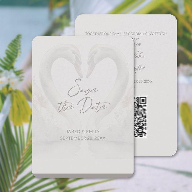 Swan Wedding 5x7 Save the Date QR Code Card (Swan Wedding 5x7 Save the Date QR Code Card (front and back))