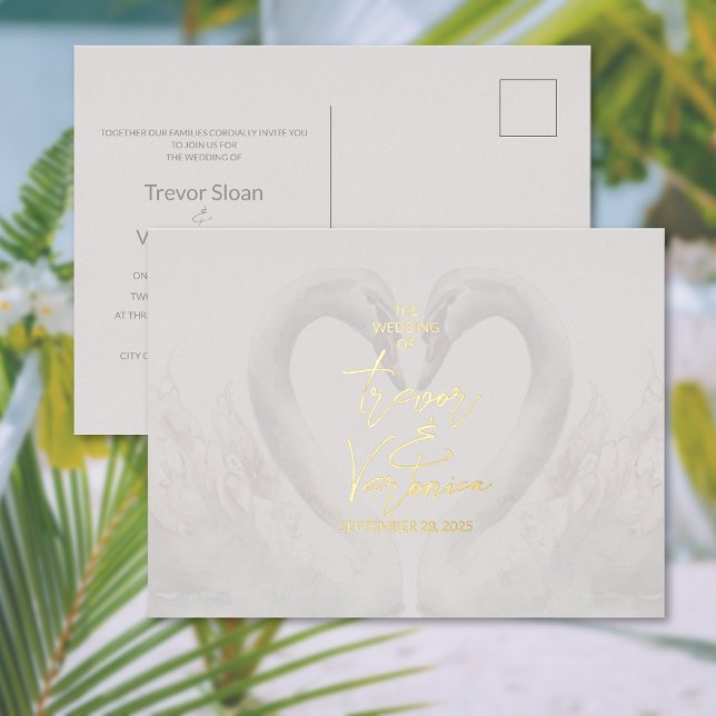 Swan Wedding Foil Invitation Postcard (Swan Wedding Foil Invitation Postcard (front and back))