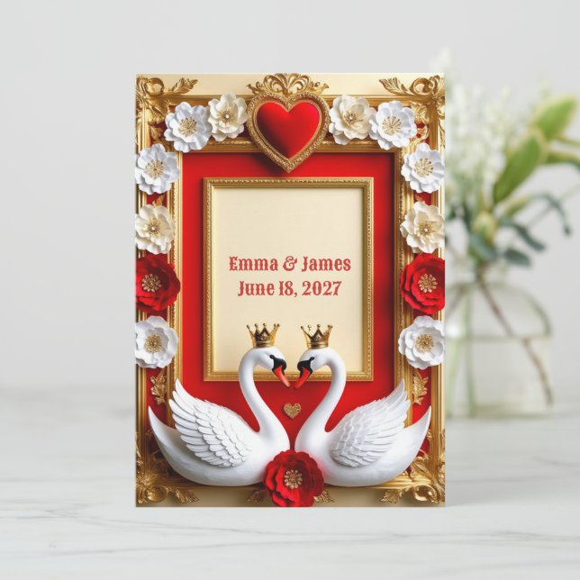 💎 Swan Wedding Pearls And Red Gold Frame 💖 Invitation (Standing Front)