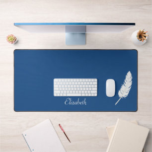 Swan White Feather & Calligraphy on Lake Blue Desk Mat