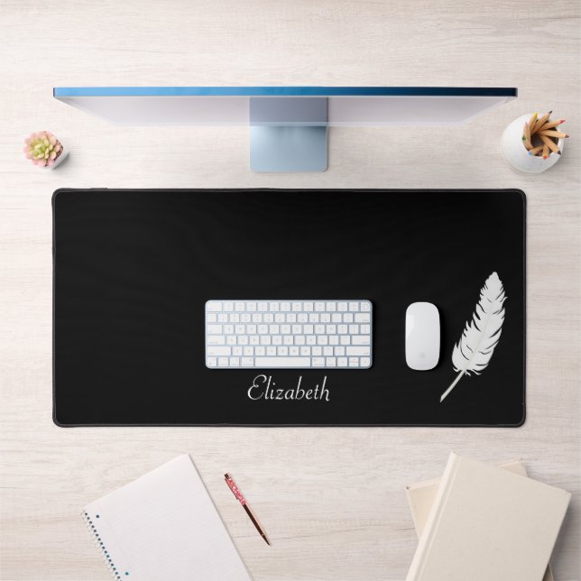 Swan White Feather & Script Calligraphy on Black Desk Mat (Office 1)