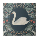 Swan William Morris style Left facing Floral Tile<br><div class="desc">"elegant classic art nouveau",  "flowery white swan Bird",  "majestic swimming lake animals",  "british william morris ceramic tile",  "leafy dark navy blue cream",  "stylish pond lily leaves",  "left facing vintage rustic birds",  "pink red green garden animal",  "nature floral flower botanical",  "beautiful flowers traditional antique"</div>