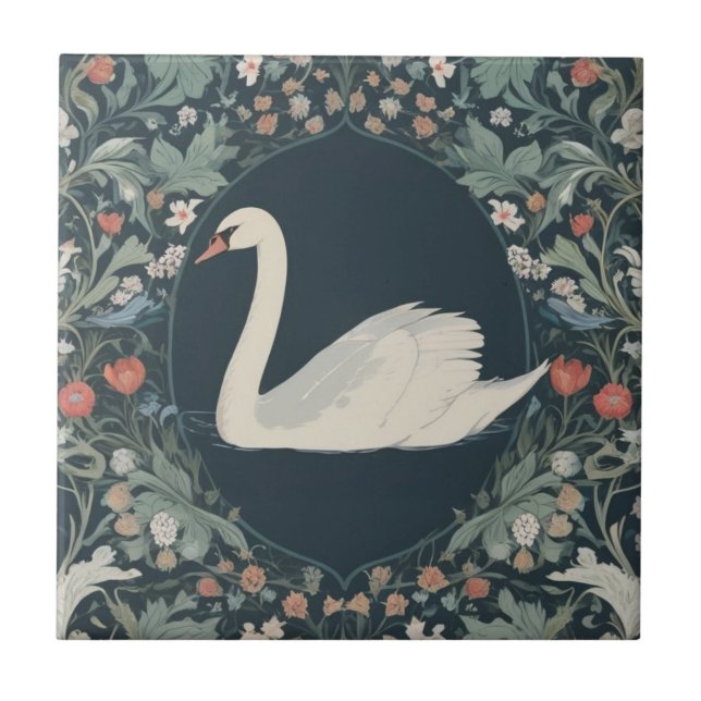 Swan William Morris style Left facing Floral Tile (Front)
