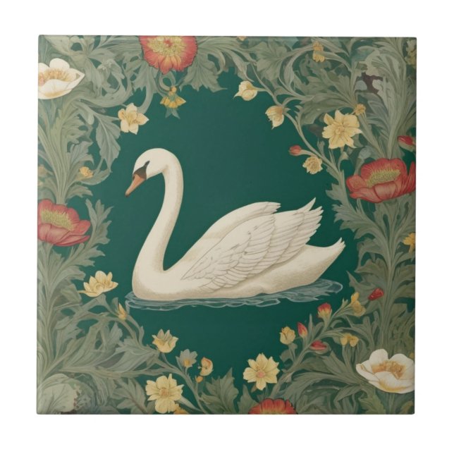Swan William Morris style Left facing Teal Green Tile (Front)