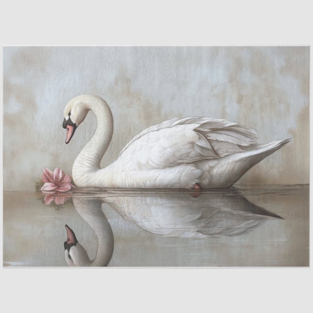 Swan with a Blush Pink Flower Painting Decoupage Tissue Paper (Front)