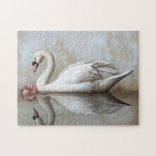 Swan with a Blush Pink Flower Painting Jigsaw Puzzle