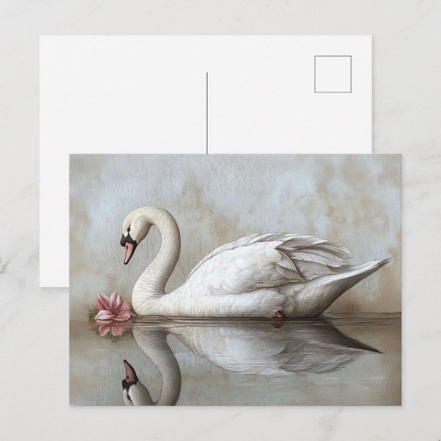 Swan with a Blush Pink Flower Painting Postcard (Front/Back)