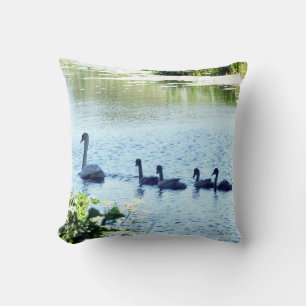 Swan With Cygnets on River Cushion