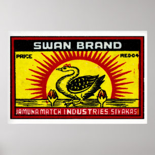 Swan with Sunburst Matchbox Art Print, Indian Poster