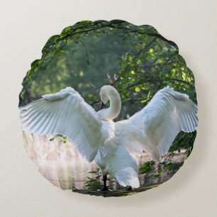 Swan with Wings Spread Round Cushion