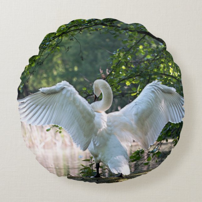 Swan with Wings Spread Round Cushion (Front)