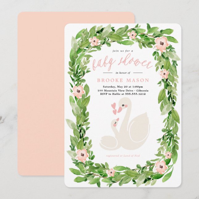 Swan Wreath Spring Baby Shower Invitation (Front/Back)