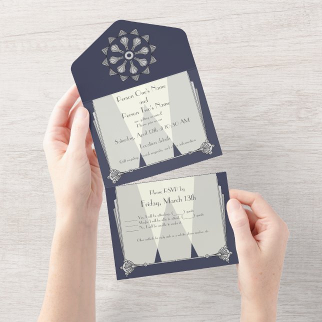 Swanky Art Deco in Blue All In One Invitation (Tearaway)