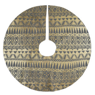 Swanky Faux Gold and Black Hand Drawn Aztec Brushed Polyester Tree Skirt