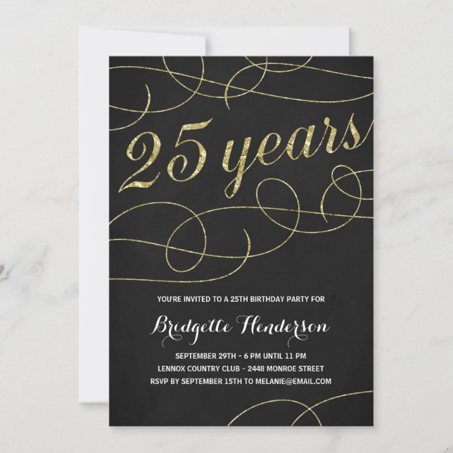 Swanky Faux Gold Foil 25th Birthday Invitation (Front)