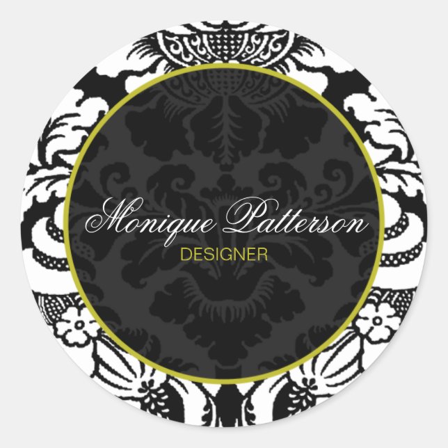Swanky Sage Black Damask Chic Round Sticker (Front)