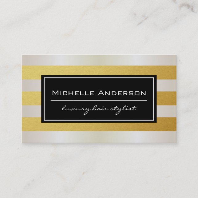 Swanky White Gold and Gold Stripes Business Card (Front)