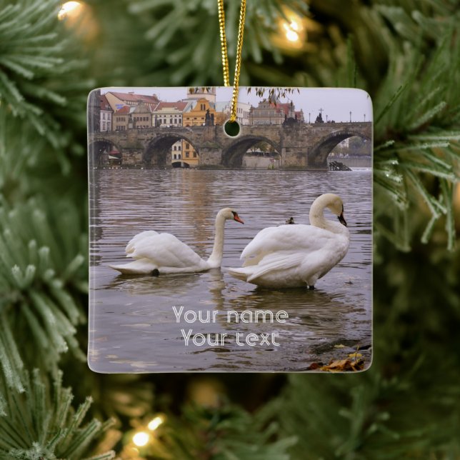 Swans and Charles bridge in Prague Ceramic Ornament (Tree)