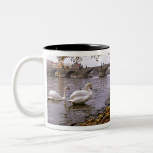 Swans and Charles bridge in Prague Two-Tone Coffee Mug